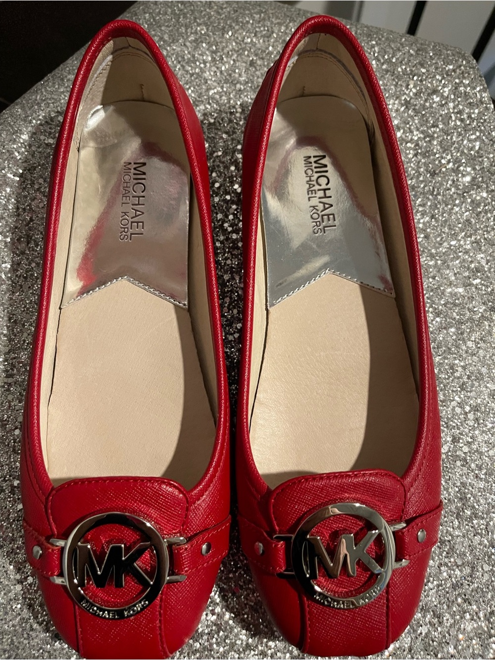 Michael Kors Red Leather MK Logo Round-Toe Ballet Flats